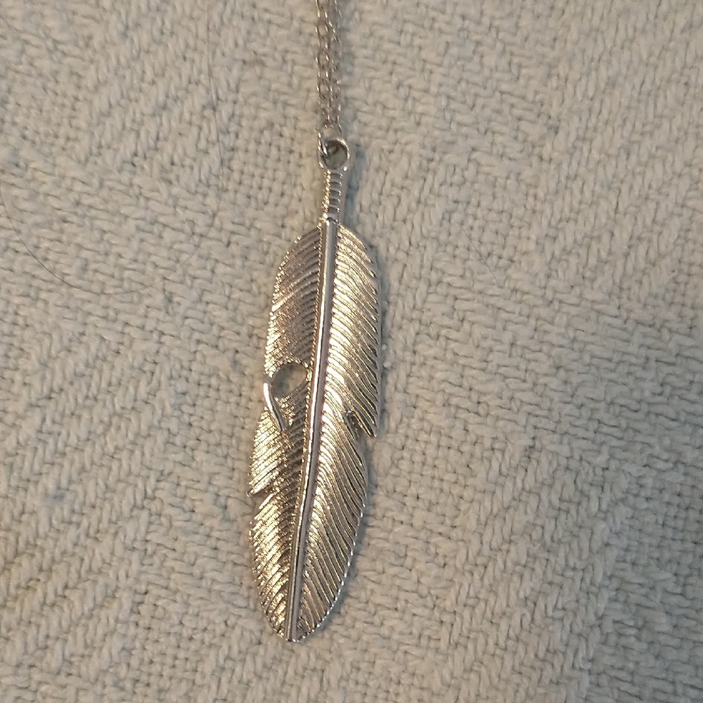 3/$10 Long Silver Feather Pendant Necklace